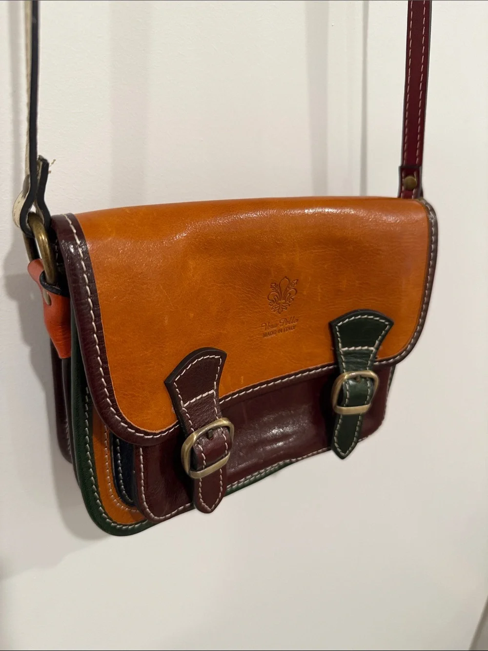 Florence Classic Leather Crossbody Bag in Tan with Burgundy & Green Accents